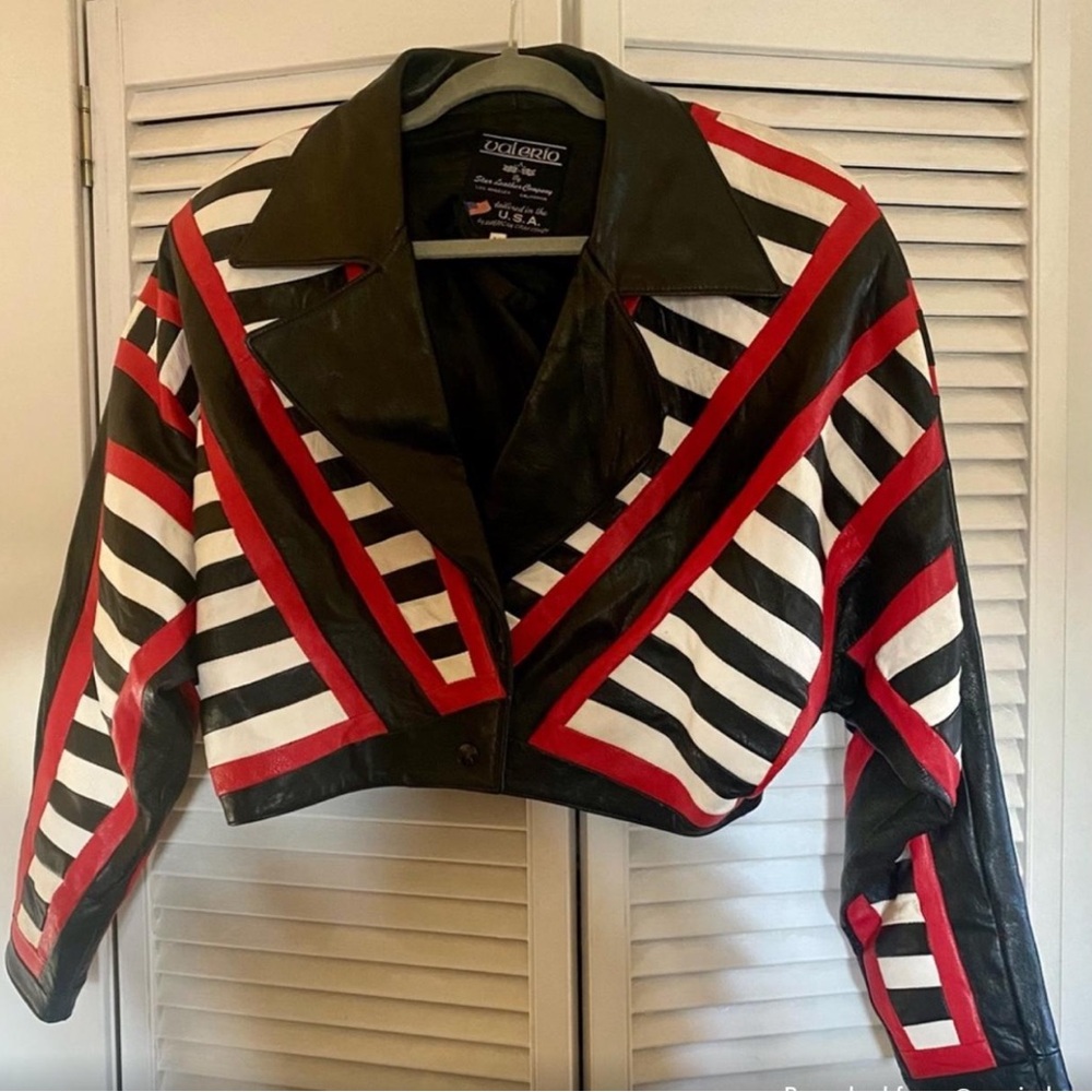 Modern Red and Black Leather Jacket with Geometric Flair
